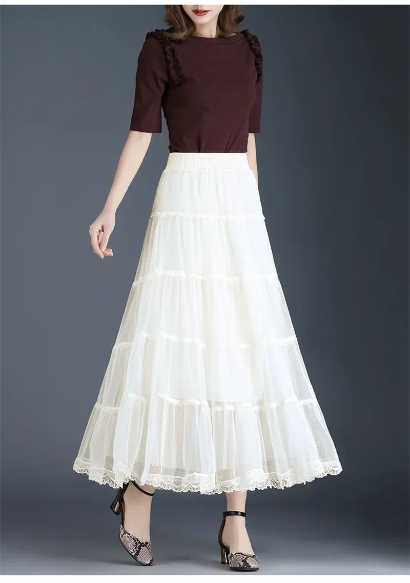 Pop Pop Long Tulle Skirt Women 2024 Spring Summer Elastic High Waist A-Line Mesh Pleated Puffy Skirt Female Elegant Lace Midi Sk