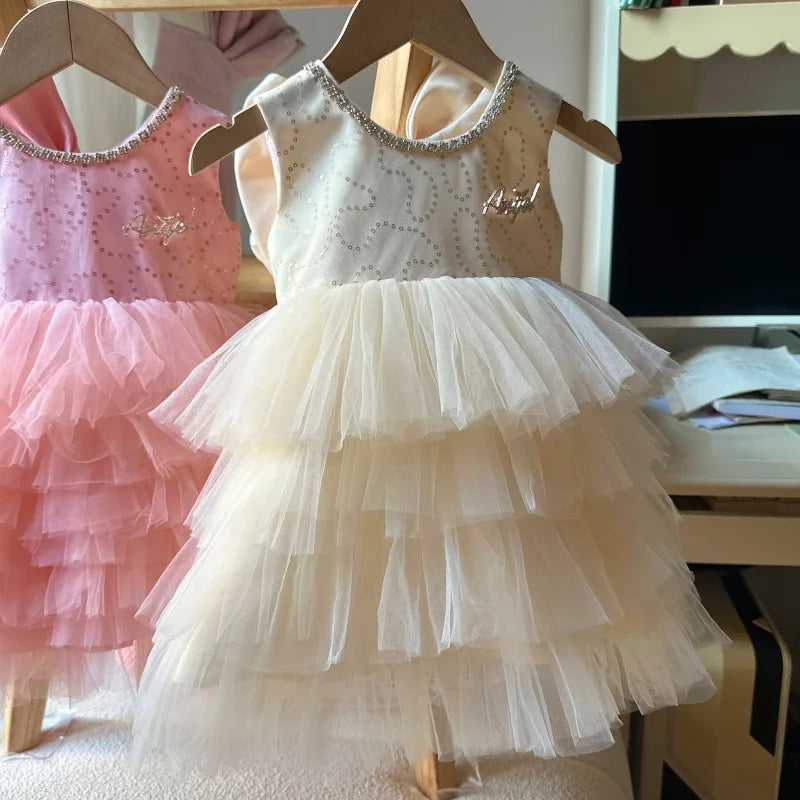 Baby Girls Sequin Tutu Dress for Kids Ruffles Layered Cake Birthday Party Gown Children Fashion Wear Sleeveless Formal Wear
