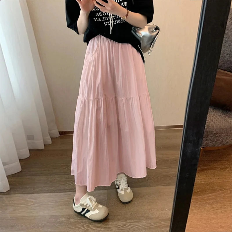 Summer Women Skirts Vintage High Waist Elastic Patchwork White Long skirt Chic pink skirt Long Cake A-line Skirt