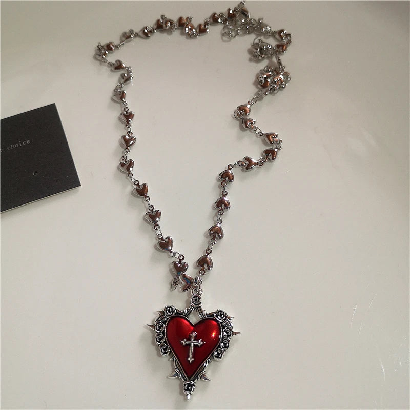 Gothic Red Cross Star Heart Pendent Necklace For Women'S Men Hip Hop Street Vintage Y2K Grunge Punk Y2K Aesthetic Jewelry Gifts