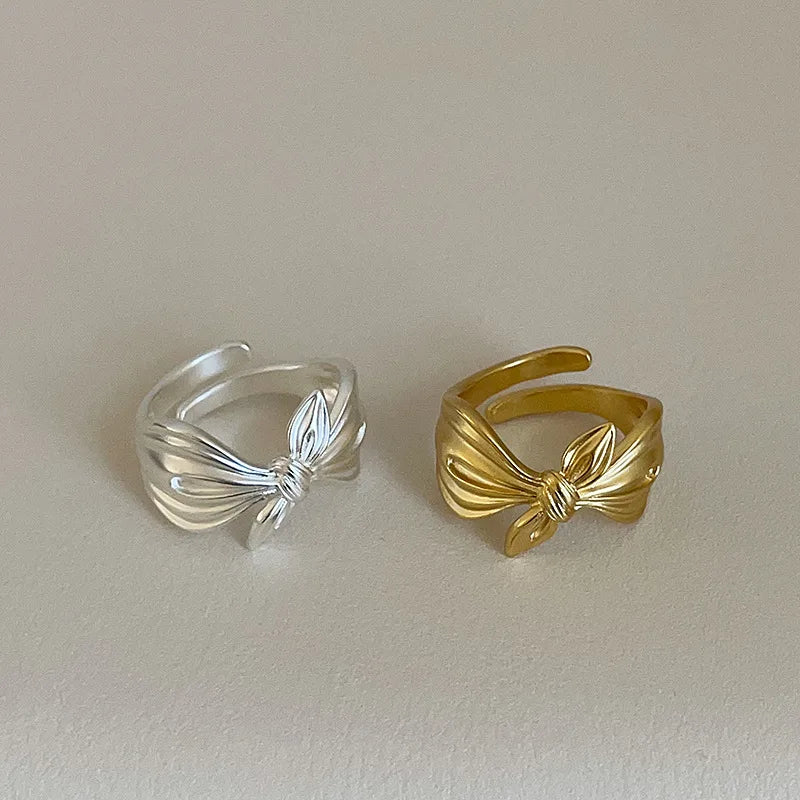 Textured Copper Bow Knot Open Ring For Women'S Adjustable Matte Ribbon Statement Finger Ring Elegant Minimalist Daily Wear Jewelry