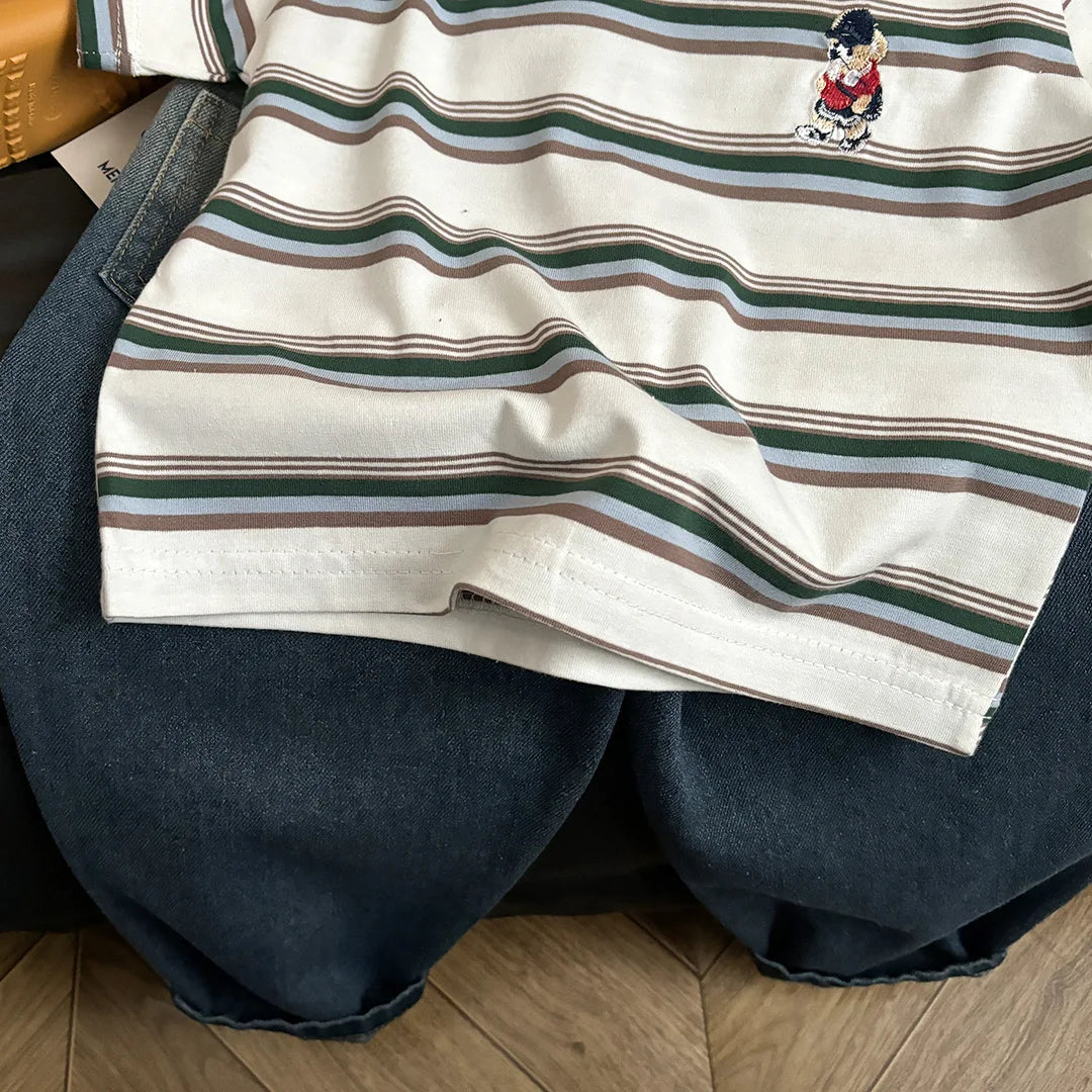 Summer Cotton Children Stripe Short Sleeve T-shirt For Boys and Girls Vintage Fashion Tops