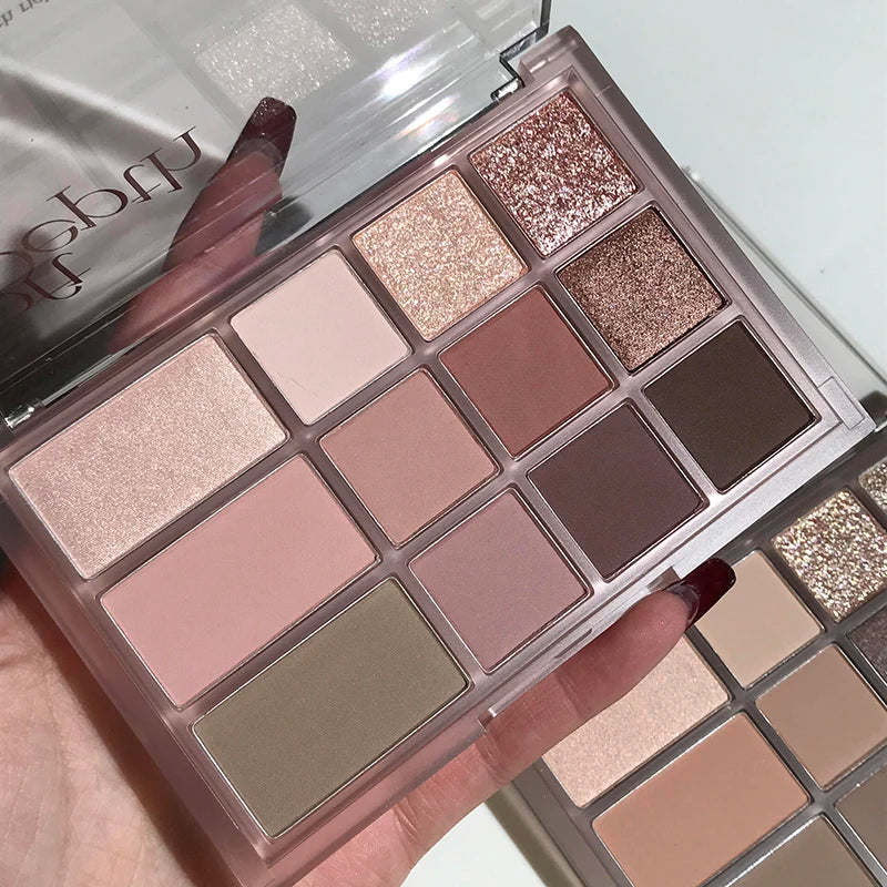Korean 12Color Pink Brown Eyeshadow Palette With Matte Earth Tones And Pearl Glitter For Everyday Wear