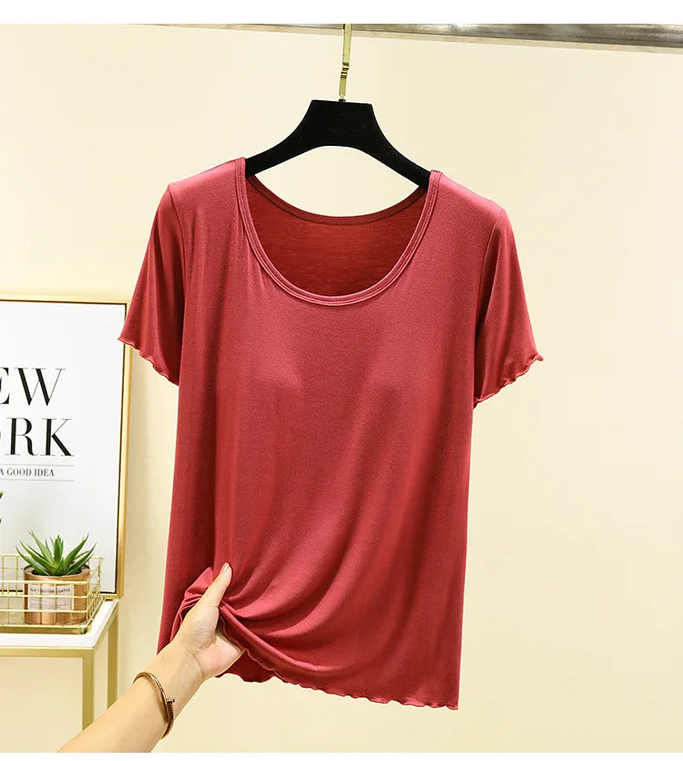 Modal No- Bra T-Shirt One-Piece Short Sleeve Women Summer Wear Casual Solid Color Base Layer Outdoor Wear round Neck T-Shirt