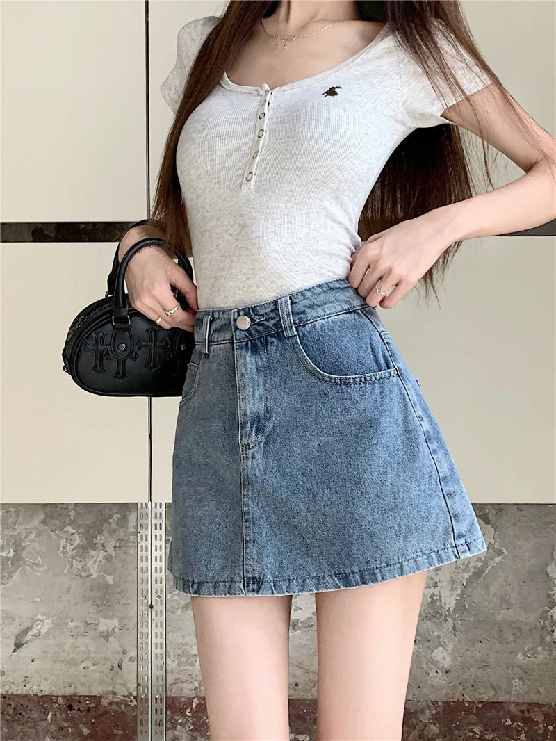 Elegant American Style High Waist A-Line Denim  Skirt Women's Fashionable Slimming Short Skirt Pants Skirt