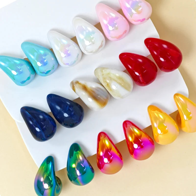 18pcs Simple Versatile Water Drop Earrings For Women Macaron Color Shiny Surface Iridescent Texture Earrings