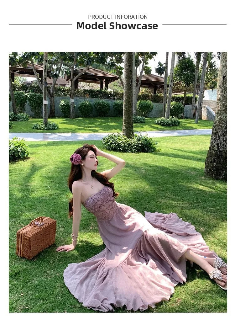 Slimming Dry Rose Splicing Tube Top Beach Dress Women's Style Long A-Line Skirt High Waist No Sleeve Shoulderless Polyester