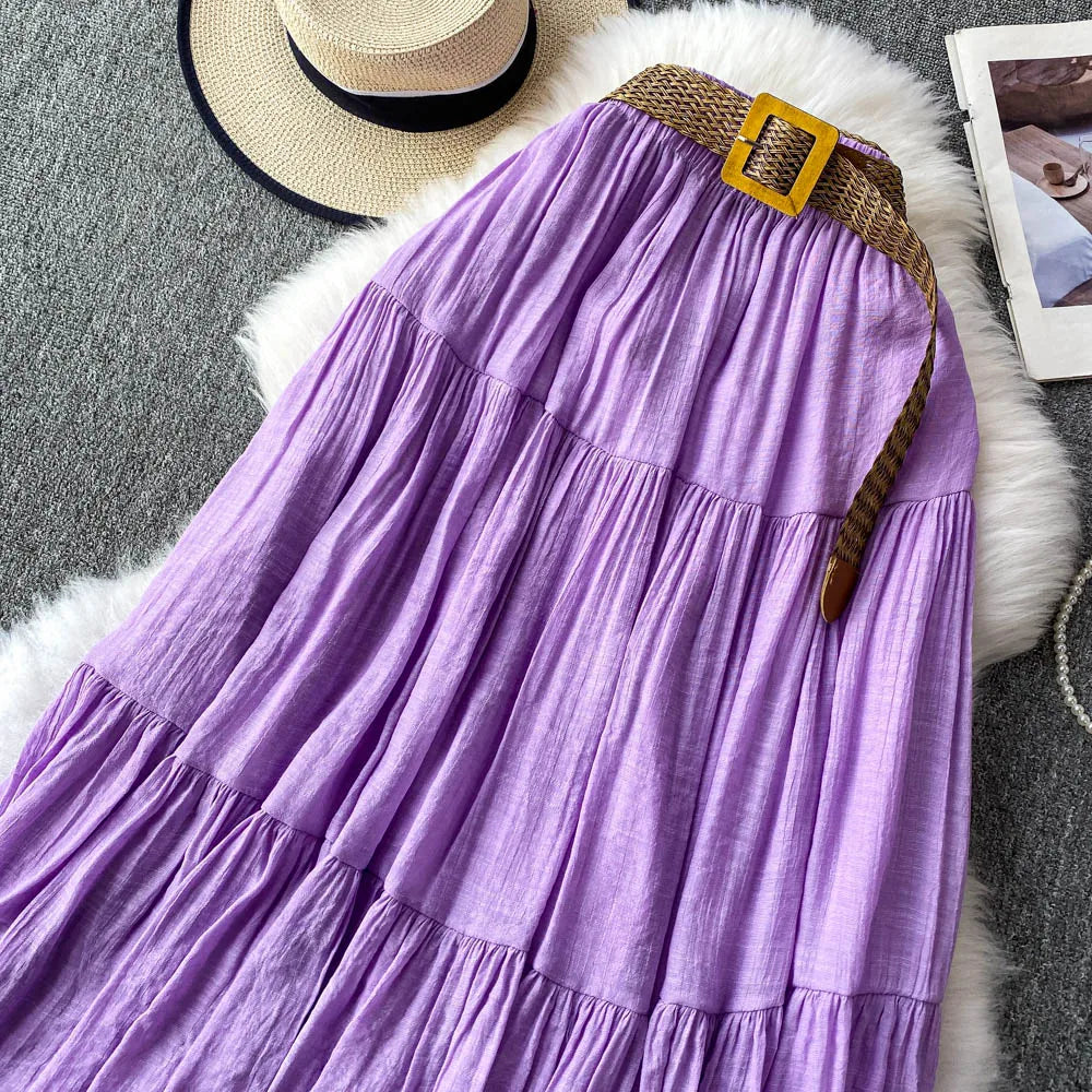 White Casual Mid-Length Puffy Skirt Women's Summer High Waist Slimming Cake Skirt Korean Sle Commute A-Line Skirt