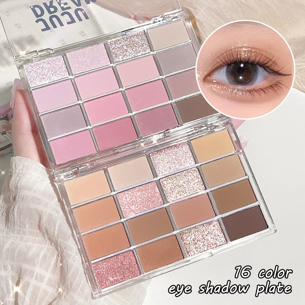 JUJU DREAM 16-Color Earth Tone Eyeshadow Matte & Shimmer Palette, Lying Silkworm Brightener for Soft Daily Makeup