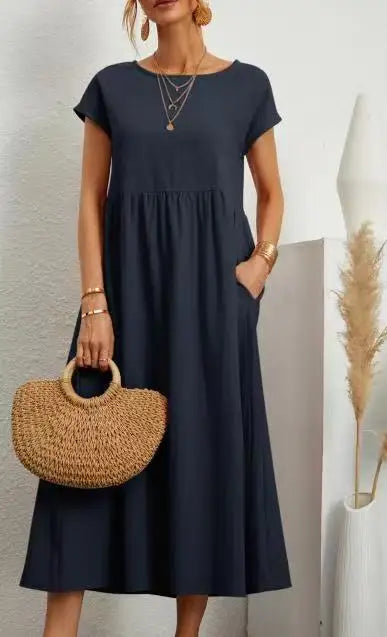 Customizable Fashion Solid Dress Women Cotton Linen O-Neck A-line Dress