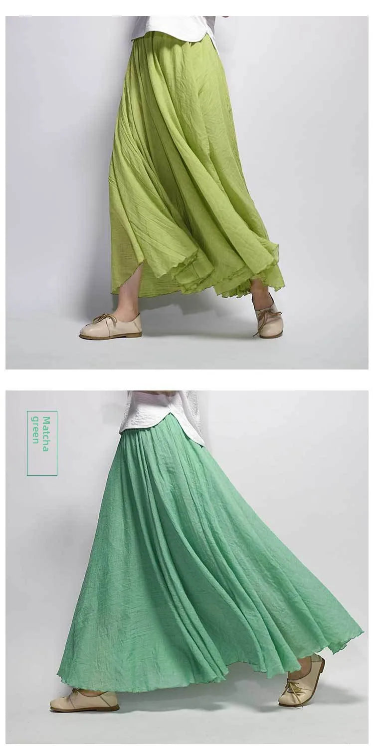 New In 2026 Spring Summer Woman Cotton Linen Midi Skirt Solid Color Loose Flared Pleated A-line Skirt Female Sweet Elegant Skirt