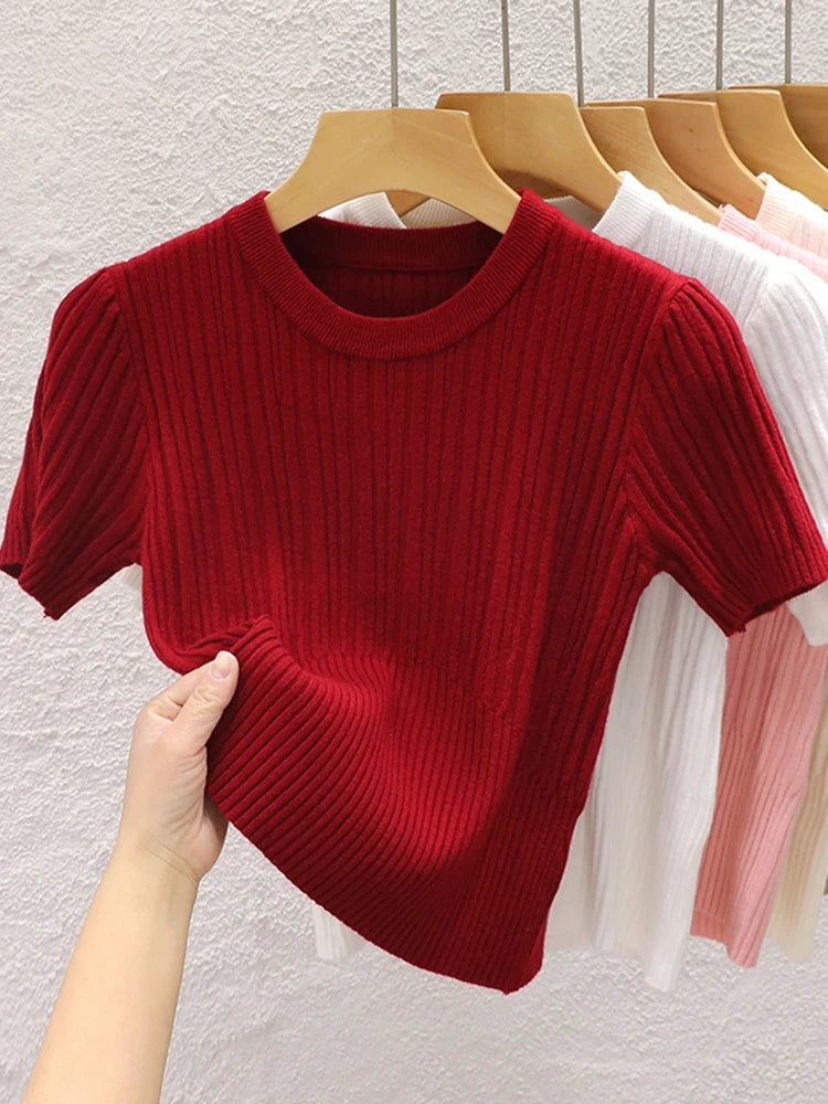 Camiseta Corta Coreana de Punto | Top Básico Liso Casual para Mujer