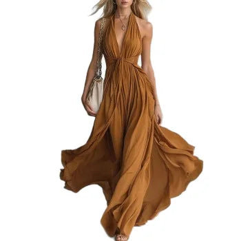 Elegant V-Neck Sleeveless Waist-Cinched Long Dress Summer New Style Pure Color Holiday Vibes Cross-Border Polyester Maxi Dress