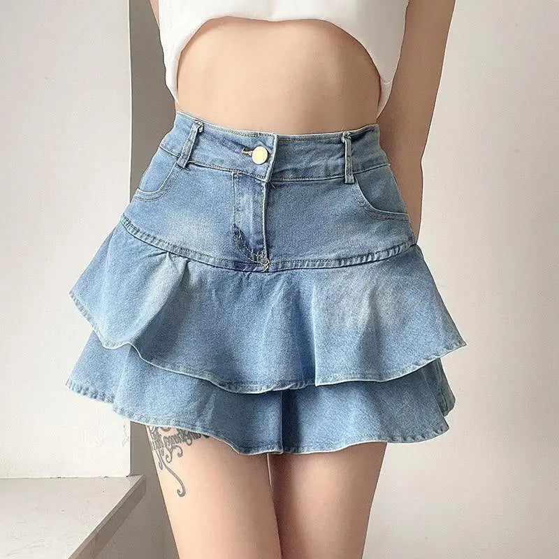 Y2K Vintage Denim Skirt Women Summer Fashion High Waist A-Line Wash Blue Slim Sexy Hot Girl Mini Jeans Ruffle Short Skirt Female