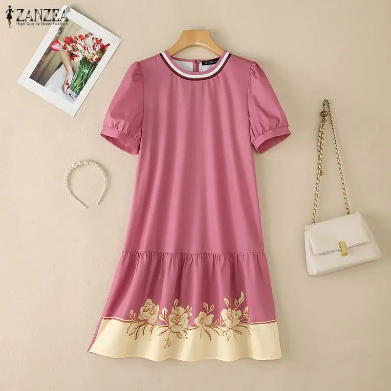 ZANZEA Stylish Floral Printed Dress Summer Women Short Sleeve Ruffled Hem Sundress Casual O-Neck Holiday Beach Knee Length Robe
