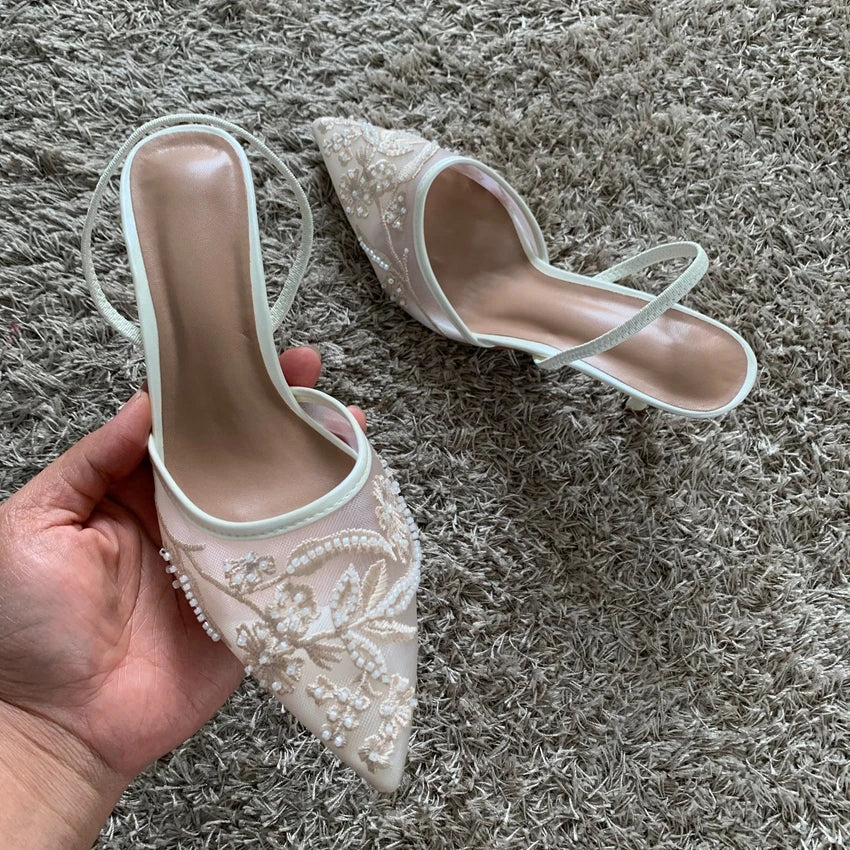 Mesh Embroidered Thin High Heels Sandals Women 2025 Summer Sexy Slingback Pointed Toe Pumps Dress Shoes Woman Sandalias De Mujer