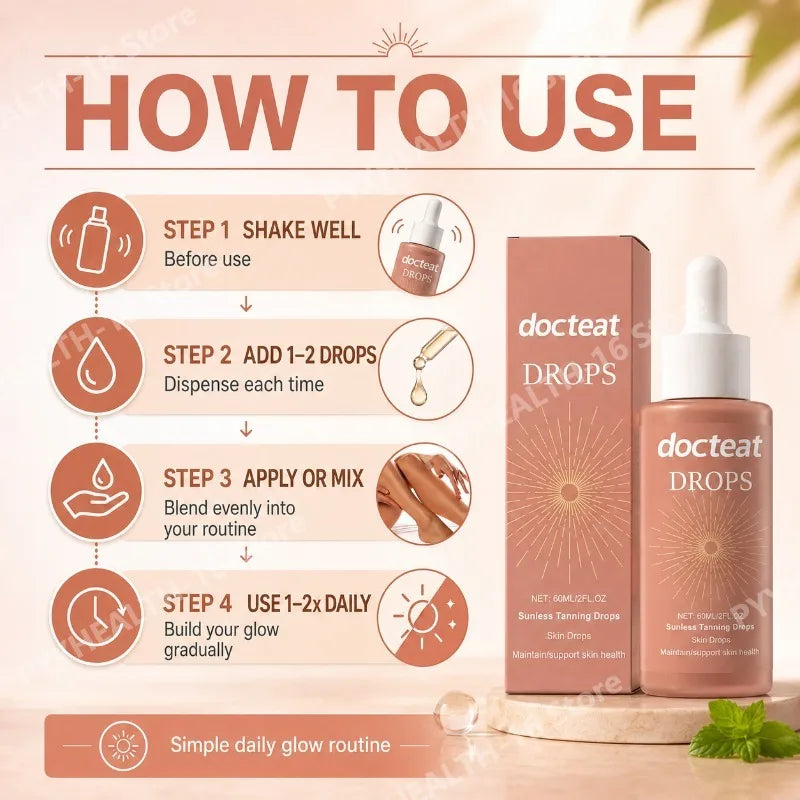 Docteat Sunless Tanning Drops Gentle Formula Long-Lasting No Greasy Feeling Gluconolactone Vitamin B1 Peppermint Extract 60 ML