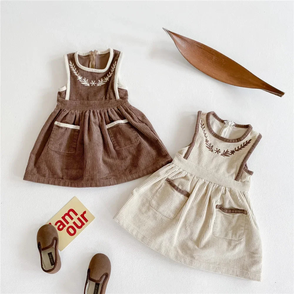 2025 Vinatge Baby Corduroy Sleeveless Dress Little Girls Sundress and Long Sleeve Tops Autumn Winter  Two Piece Set Children