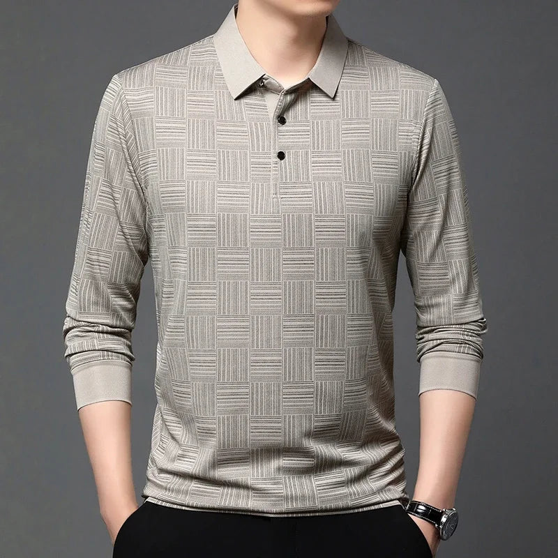 New Men's Business Casual Long Sleeved Shirt Solid Color Polo Shirt Fashionable Breathable Comfortable Versatile Top