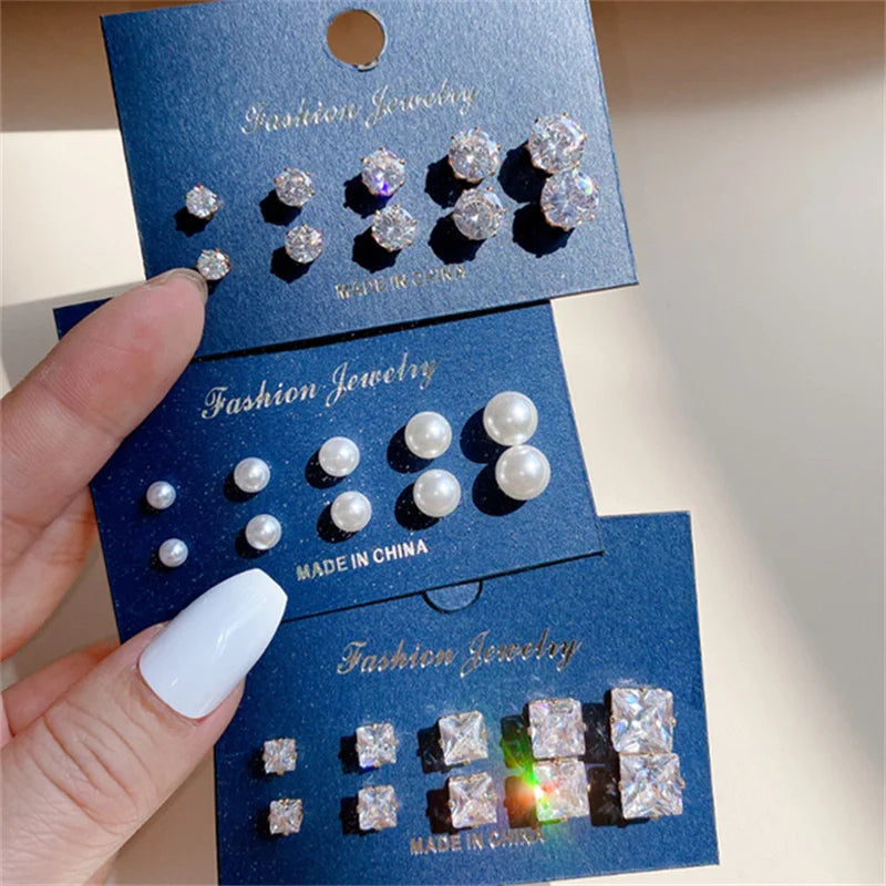 Trendy Vintage Gold Color Earrings Set Pearl Stud Earrings For Women'S Korean Geometric Crystal Small Earrings 2024 Brincosjewelry