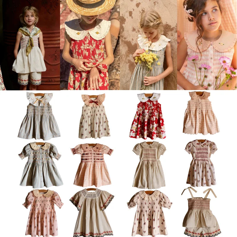 Children's Dress 2026 Summer New Product BD Girls Pastoral Embroidery Wrap Bubble Sleeve Shirt Skirt Princess Dress