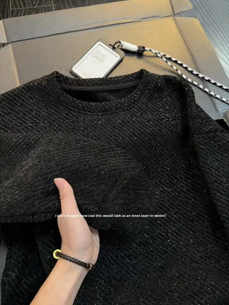 Black round Neck Long Sleeve Sweatshirt Men's Autumn Winter Heavyweight Base Layer Shirt Tianxing Comfortable Casual Style