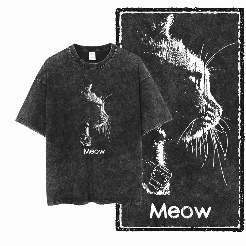 Coolmind Db Cat Printed Acid Washed Cotton T Shirt Unisex Exclusive Graphic Streetwear Tee For Men Big Size