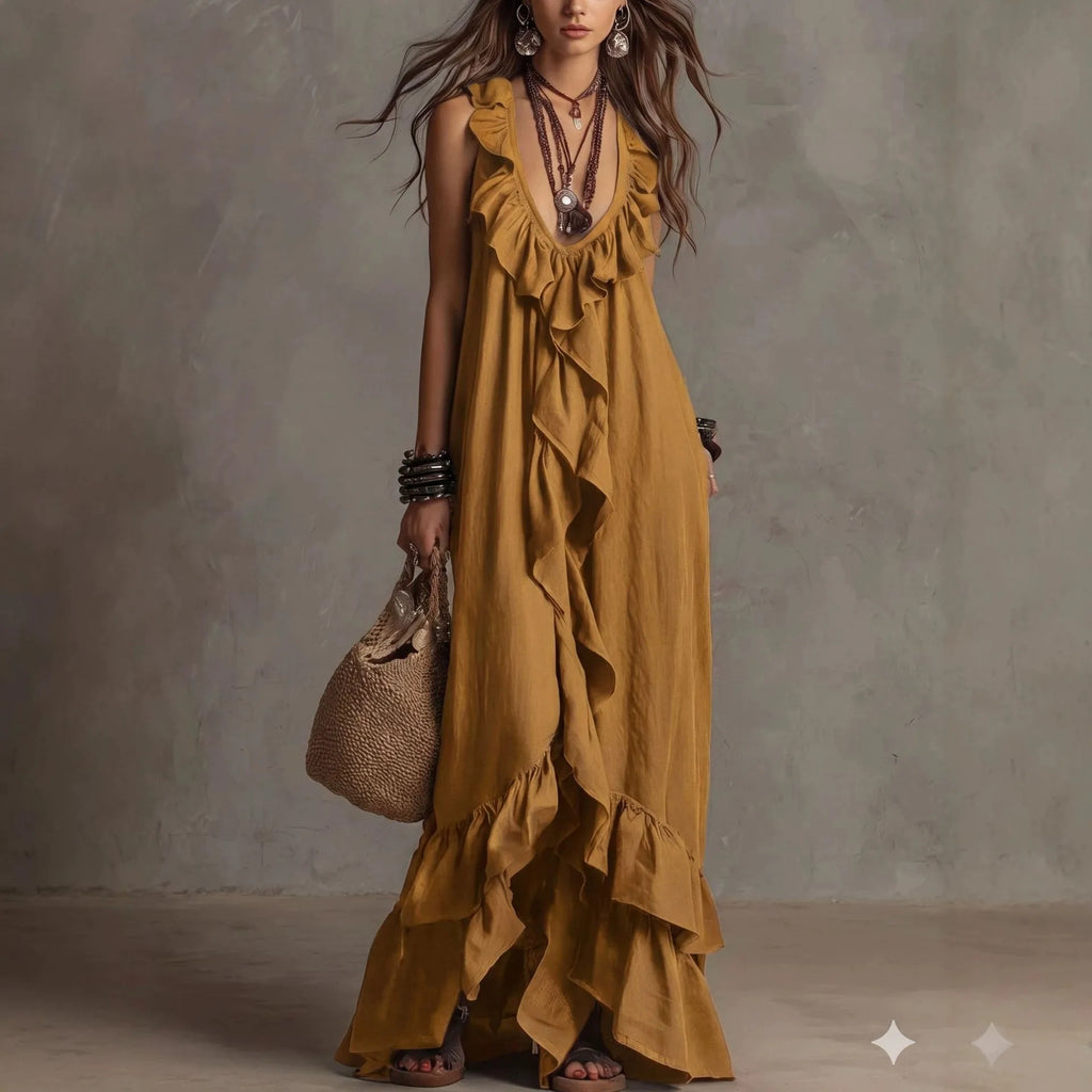 Summer Woman Dress Sleeveless Ruffle Neck Dresses Women's Pleated Maxi Dress V Neck Asymmetrical Hem Boho Dress Layered Ruffles