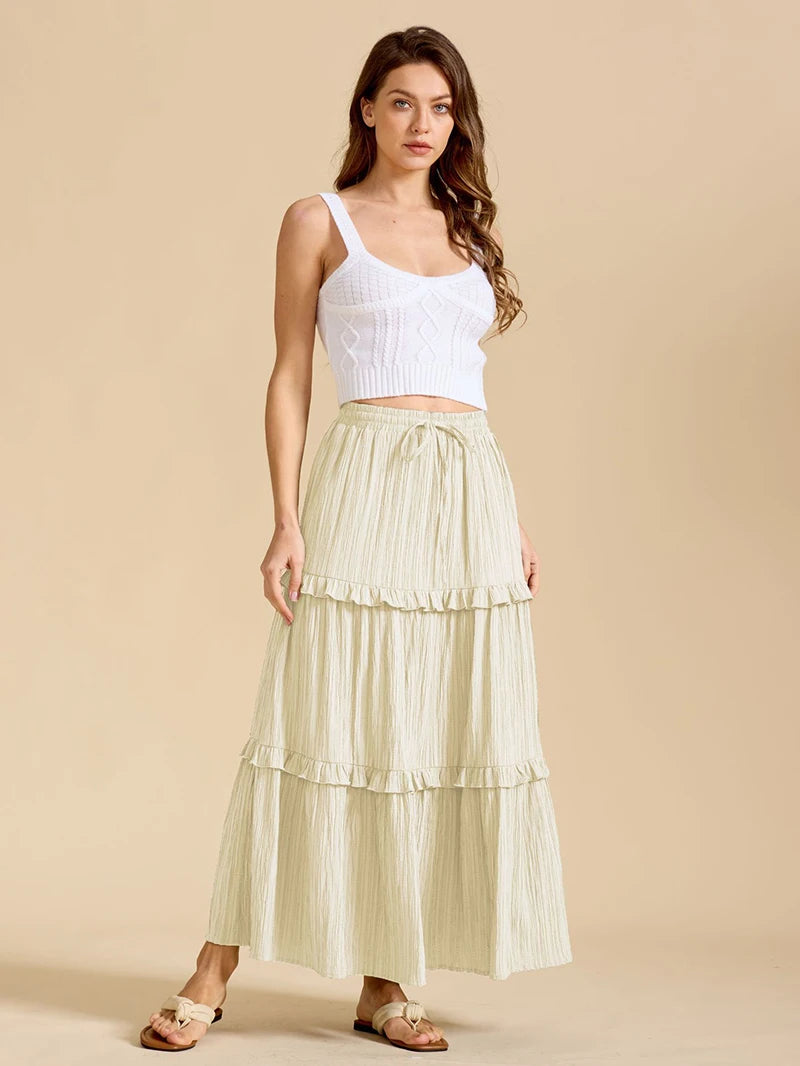 Beiyingni 2025 New In Women's Skirt Pure Color Leisure Fashionable Lace-up A-line Long Maxi Skirts Female Simple Slim Faldas
