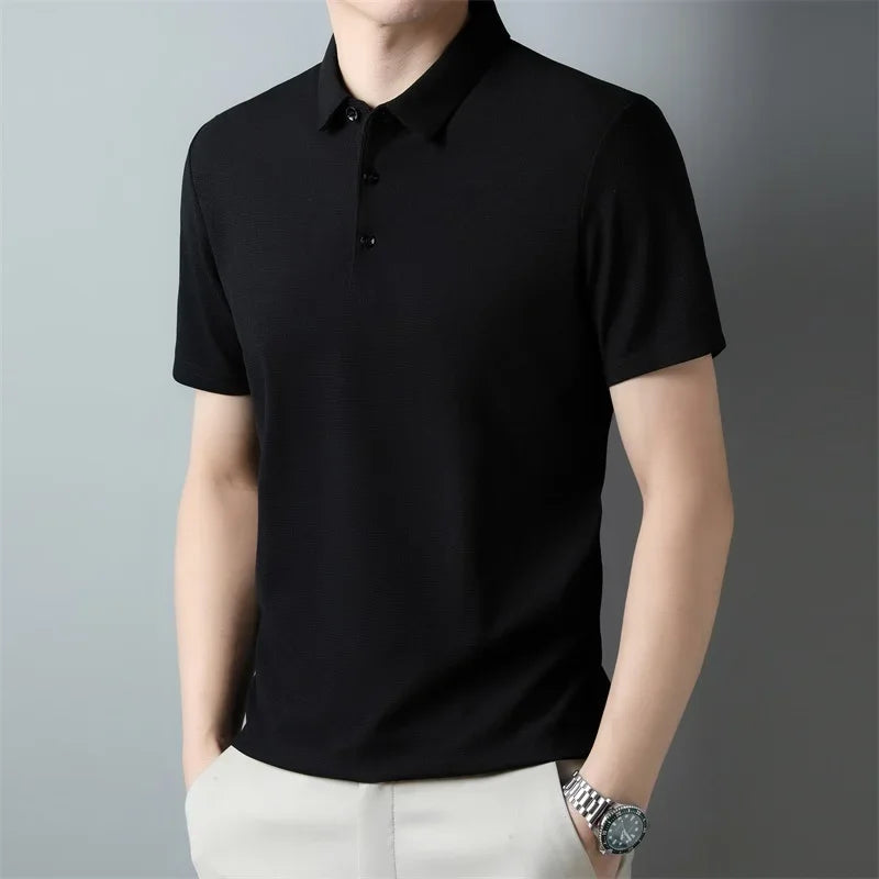 Men'S Fashion Waffle Solid Short Sleeved Polo Shirt Summer Breathable Comfortable Top