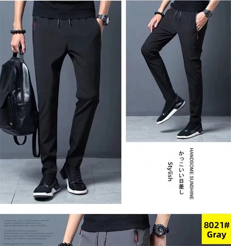 Ice Silk Thin Zipper Pocket Casual Pants Men's Summer Cool Feeling Quick Dry Breathable Straight Leg Long Pants Workwear