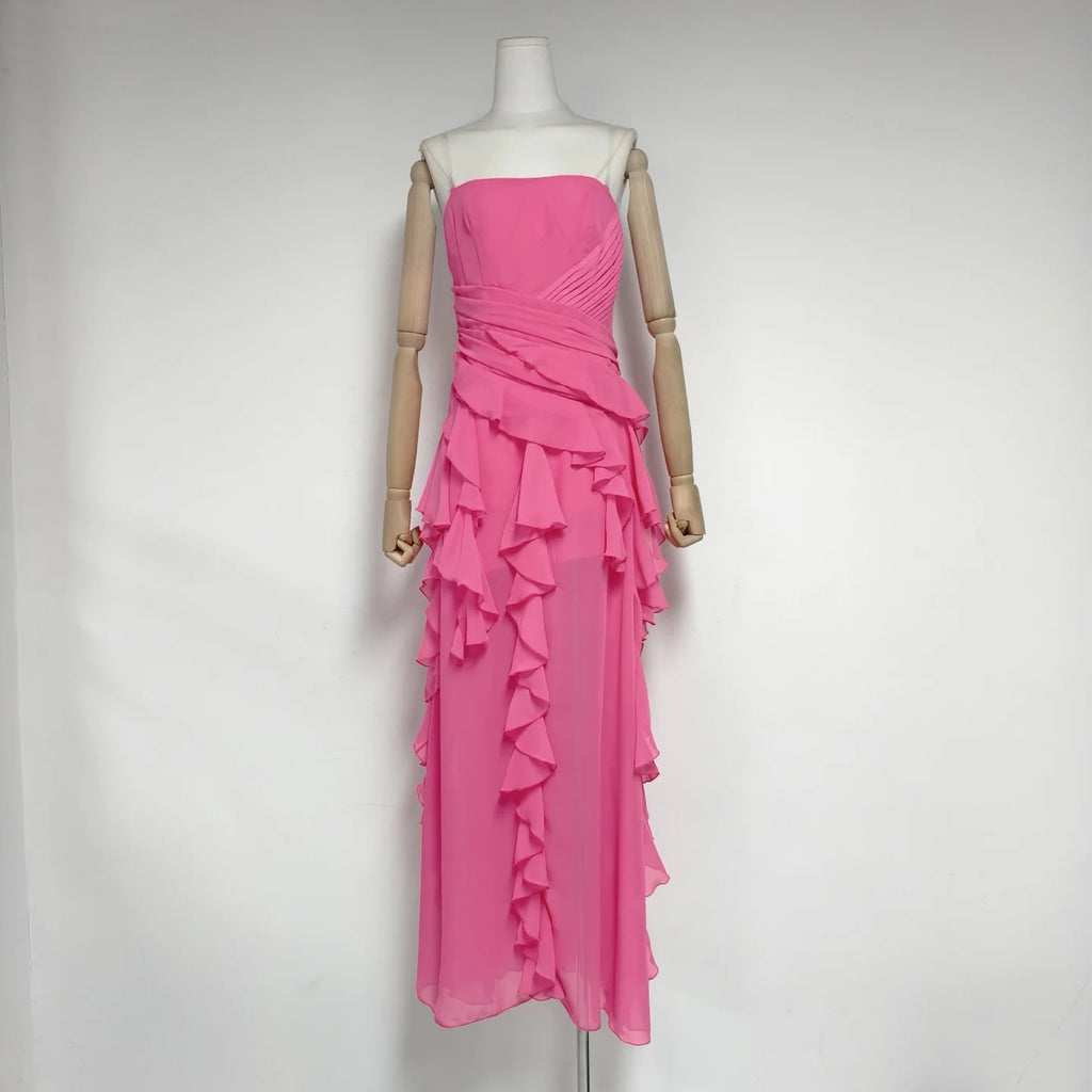 2026 Summer American Elegant Temperament Fashion Ruffled Splicing Sleeveless Strapless Irregular Split Chiffon Long Dress Women