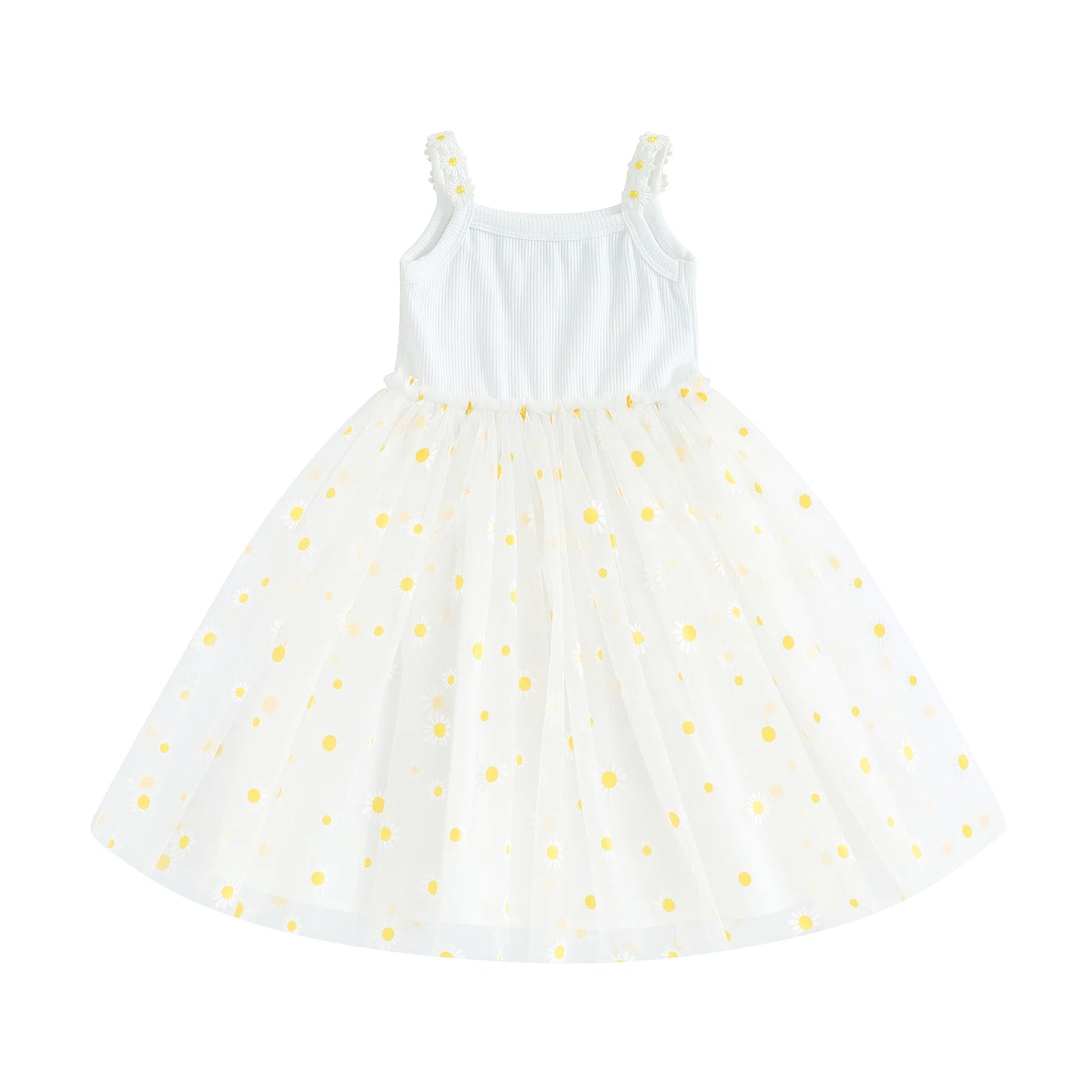 Vestido de princesa A-line de patchwork de malla de margaritas para bebés, sin mangas, ligero, transpirable, para fiesta en la playa.