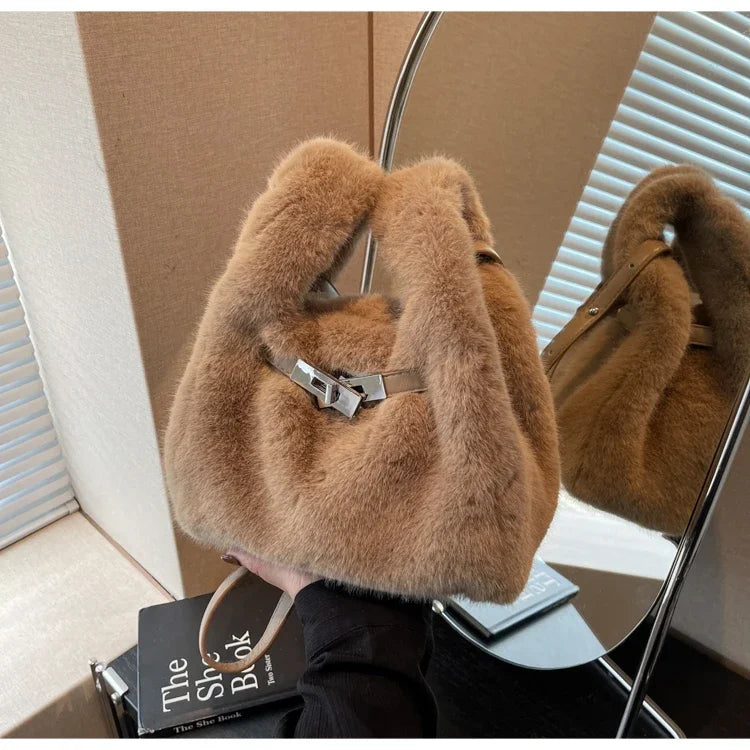 Fashionable Women's Bags Trend 2025 Faux Fur Shoulder Bags Plush Faux Mink Luxury Handbags Chic Crossbody Bag Solid Color Purses