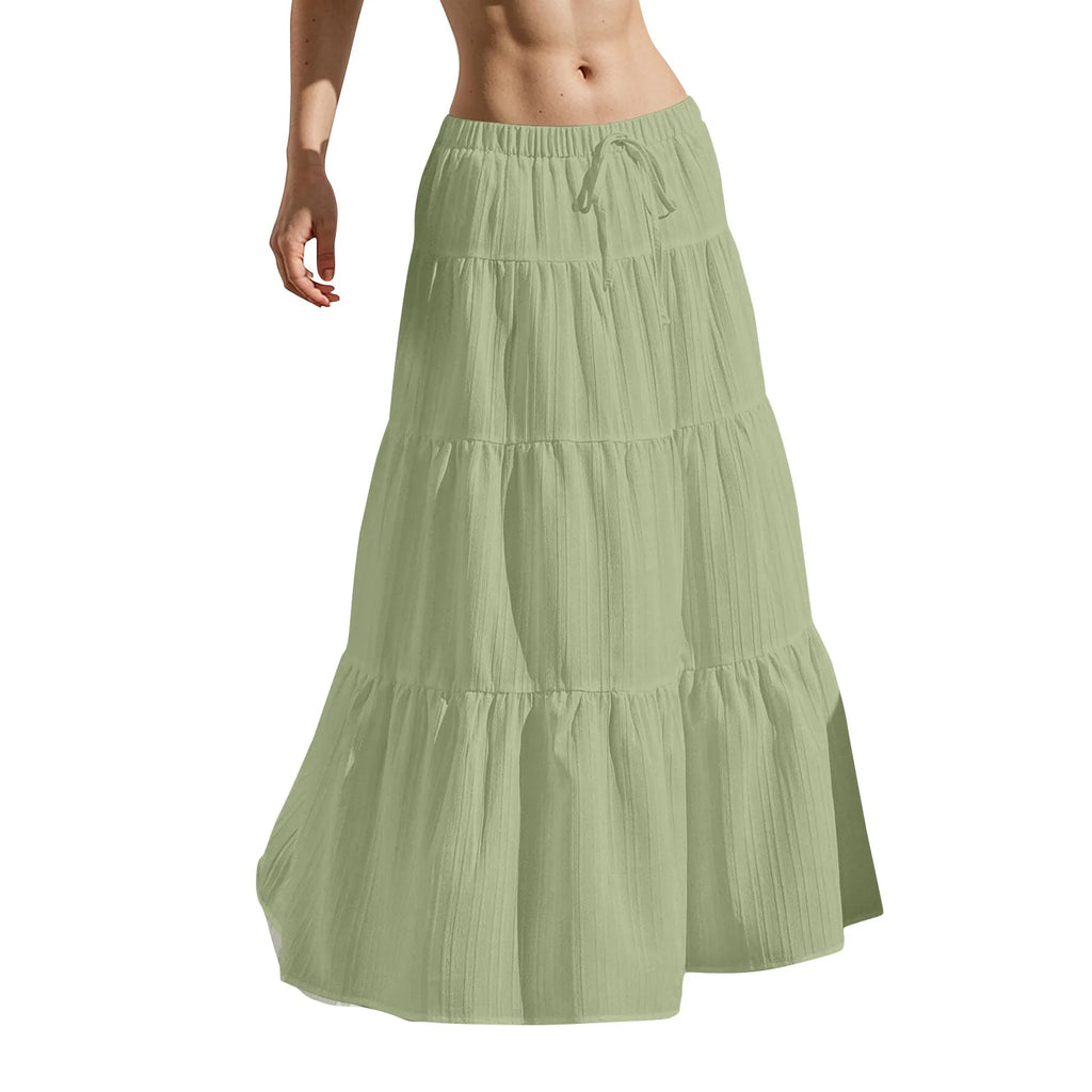 Women's Flared Ruffle Hem Maxi Skirt Fashion Women Solid Long Skirts Elastic Waist Elegant Long Skirt Spring Summer Cake Dress
