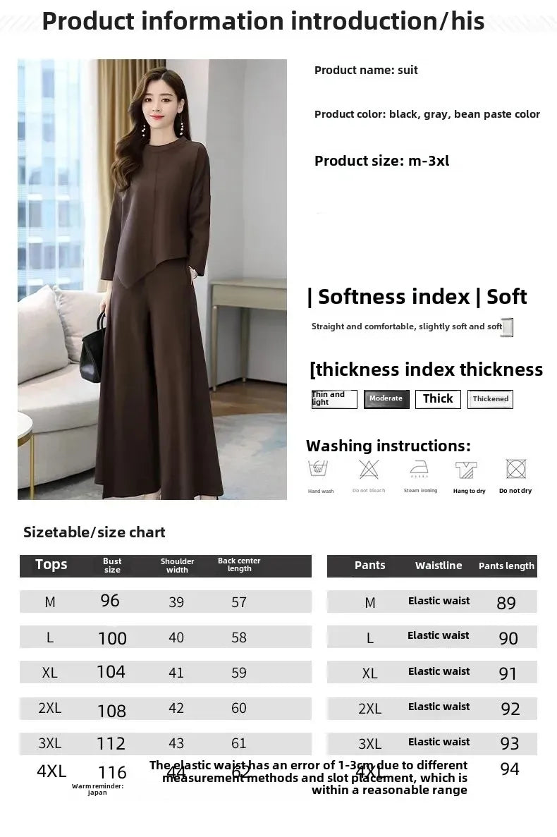 Spring Autumn Wide Leg Pants Set Women's Anti Aging Belly Cover Slimming Casual Elegant Skirt Pants Two Piece Set