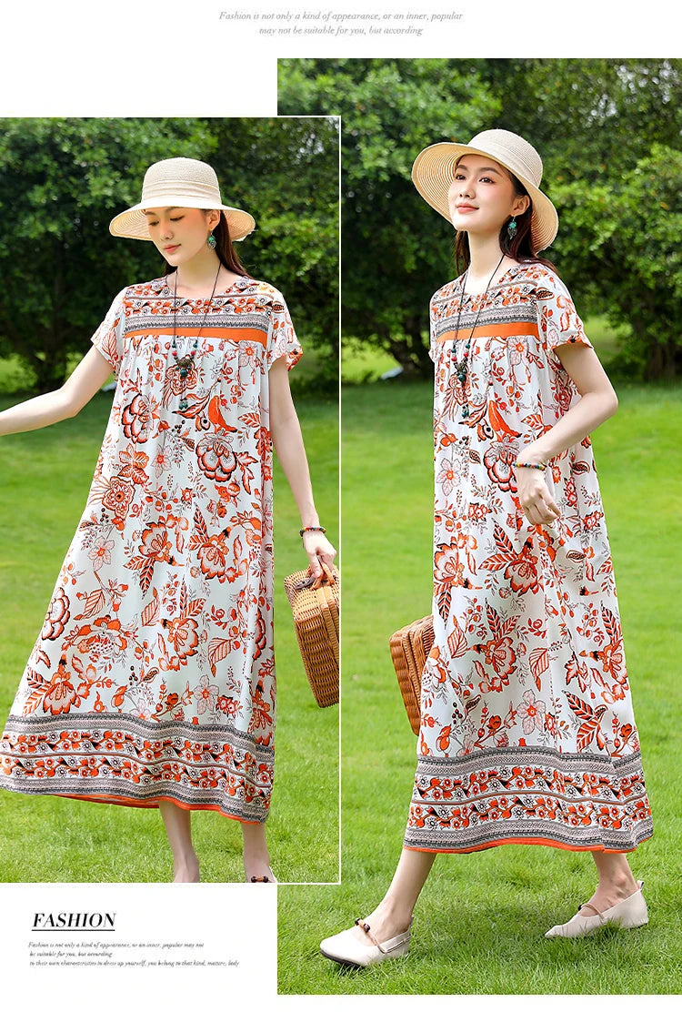 New Fashion Casual 2025 Summer Elegant Dresses For Women O-Neck Print Vintage Short Sleeve Dress Loose Women Clothing
