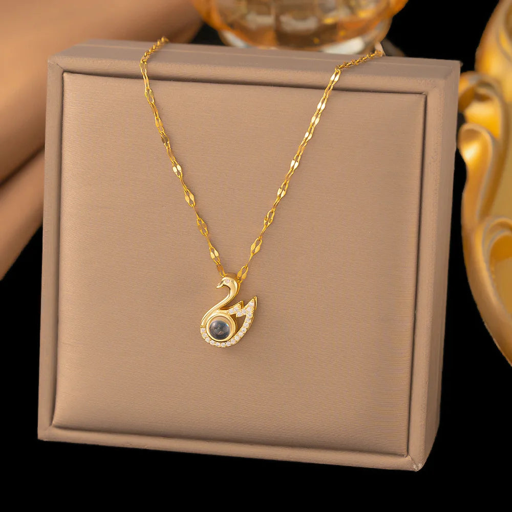 New Micro-Inlay Zircon Swan Flower Heart Projection Moon Pendant Necklace For Women'S Stainless Steel Valentine'S Day Jewelry
