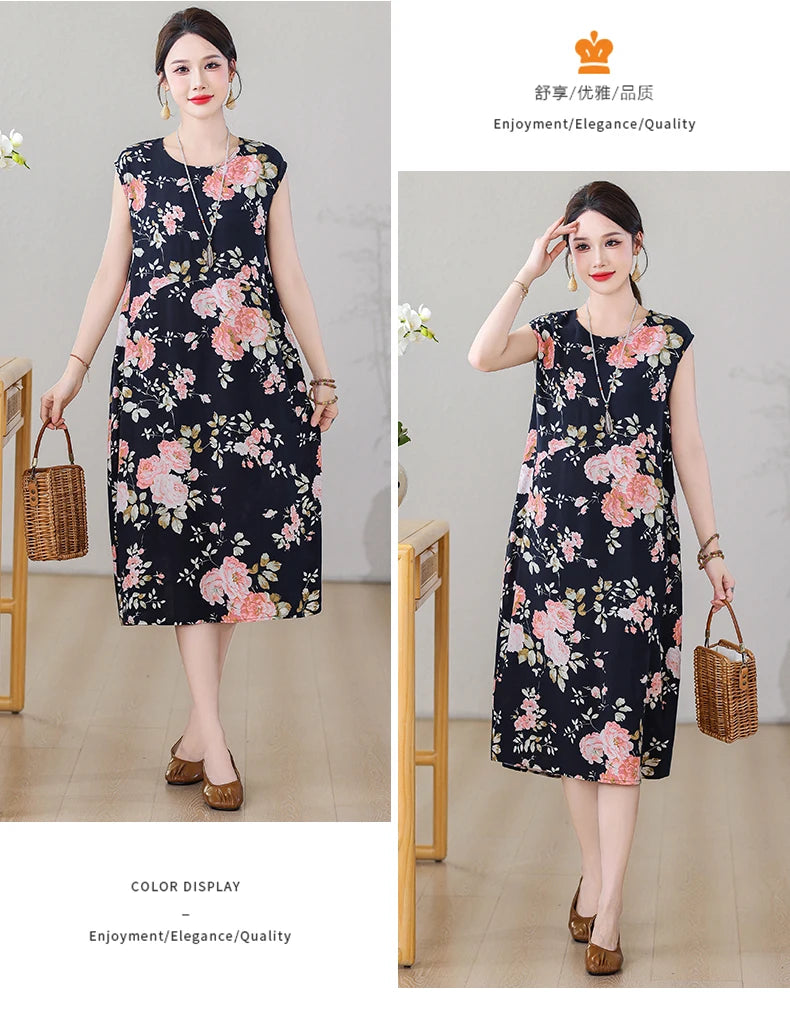 New Fashion Vintage Floral Print  Sleeveless Casual Party Femme Summer Dresses For Women 2025 O-neck Straight Women Clothing