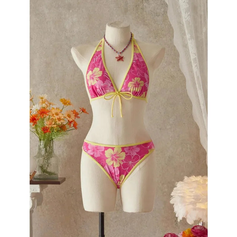 Elegant Floral Color Block Swimsuit Women Triangle Halter High-Waist Bikini Set Cover Up Skirt 2026 New Micro Bikini Three-Piece