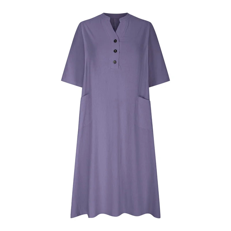 New Solid Color Cotton Linen Comfortable Casual Dresses Women Half Sleeve Loose Dress Gown Female Double Pocket Patchwork Frock