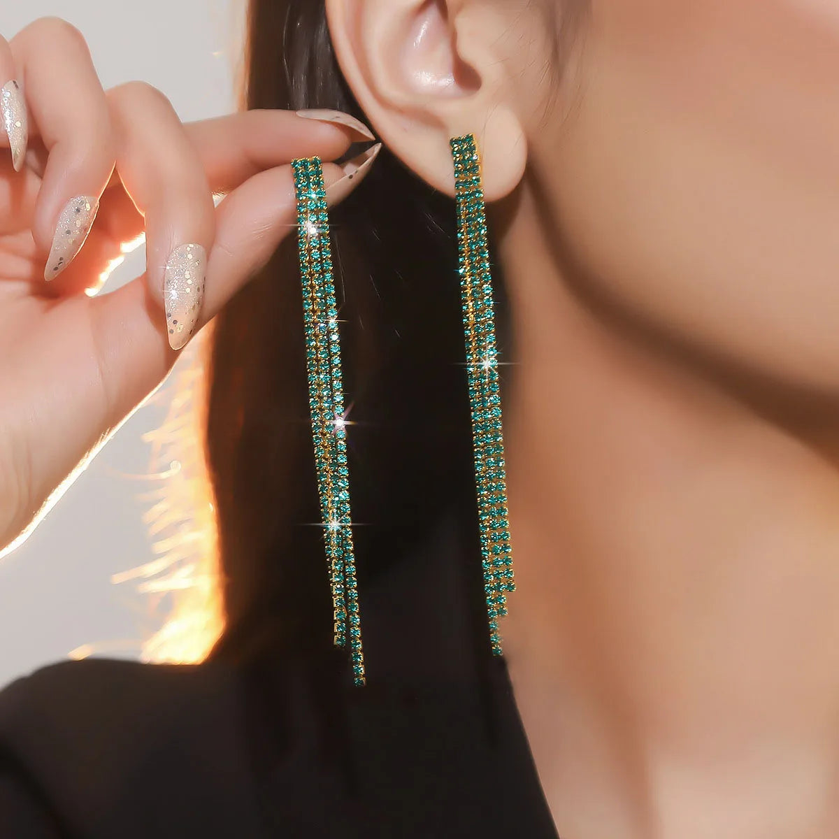 Treazy Shiny 4 Lines Rhinestone Crystal Tassel Long Earrings For Women'S Wedding Hanging Dangle Earrings Bridal Brincos