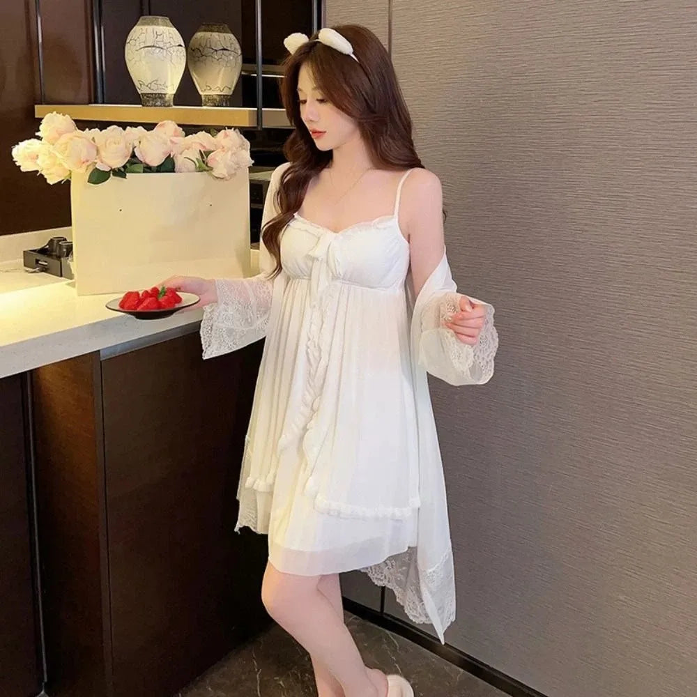 Lace Bowknot Women Pajama Dress Nightgown Sleeveless Homewear Suspender Nightdress Set Sleepwear Ruffle
