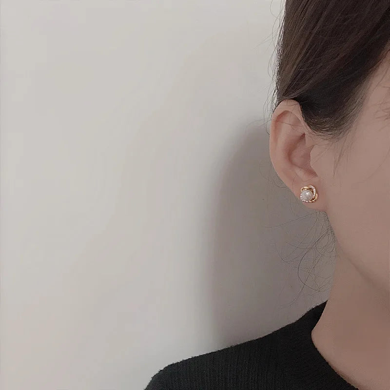 Upscale 14K Gold Jewelry Real Gold Earrings Zircon Pearl Twist Luxury Stud Earrings For Women'S Brincos Pendientes Bijoux