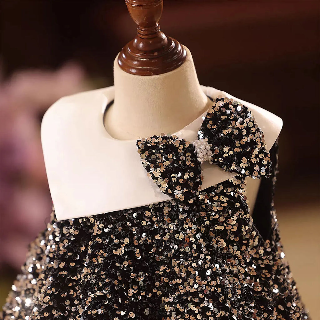 Dreamy Vow D141 Black Sequined Flower Girl Dress with Bow Knee Legth A-Line Wedding Birthday Holiday Party Summer Prom Gown