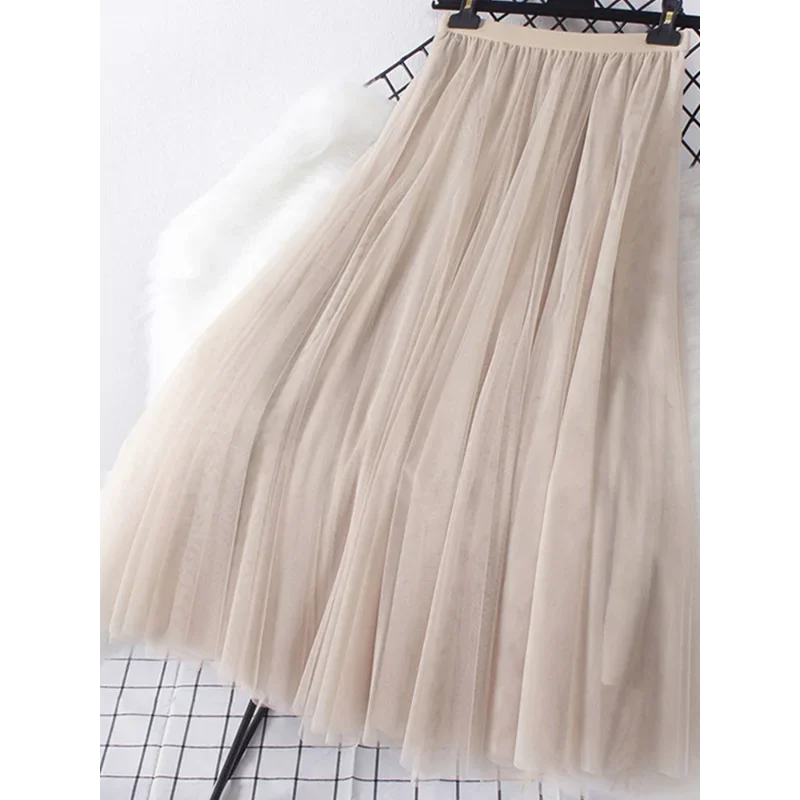 New large hem chiffon long skirt for women's Korean casual simple solid color three-layer A-line high waisted long skirt