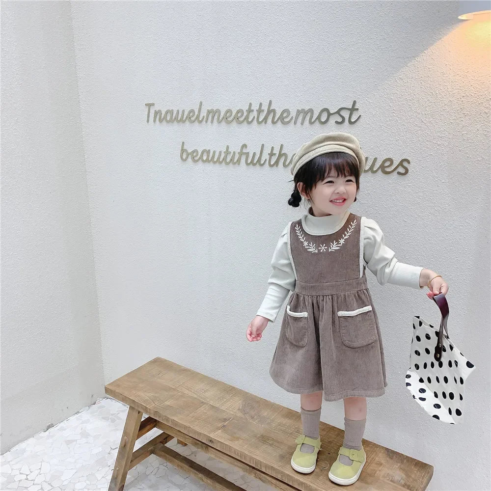 2025 Vinatge Baby Corduroy Sleeveless Dress Little Girls Sundress and Long Sleeve Tops Autumn Winter  Two Piece Set Children