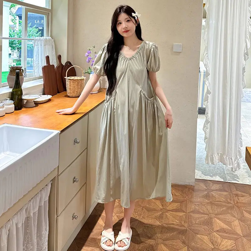 Korean Style Pregnant Woman Summer Dress with Pockets Puff Sleeve V-neck Maternity Pleated Dress