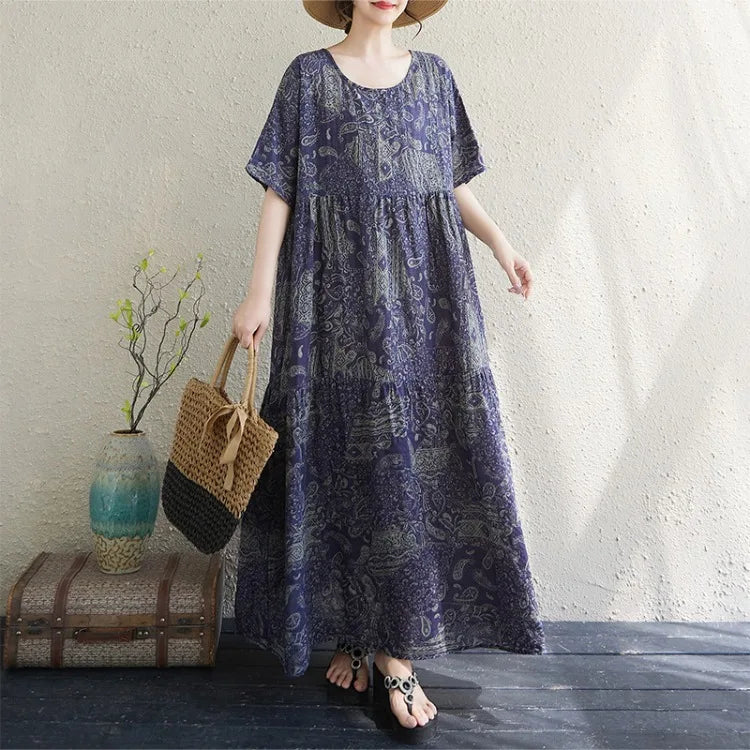 THHONE Vestido Feminino Summer Dresses for Women 2025 Bohemian Holiday Floral O Neck Short Sleeve Casual Print Women's Clothes
