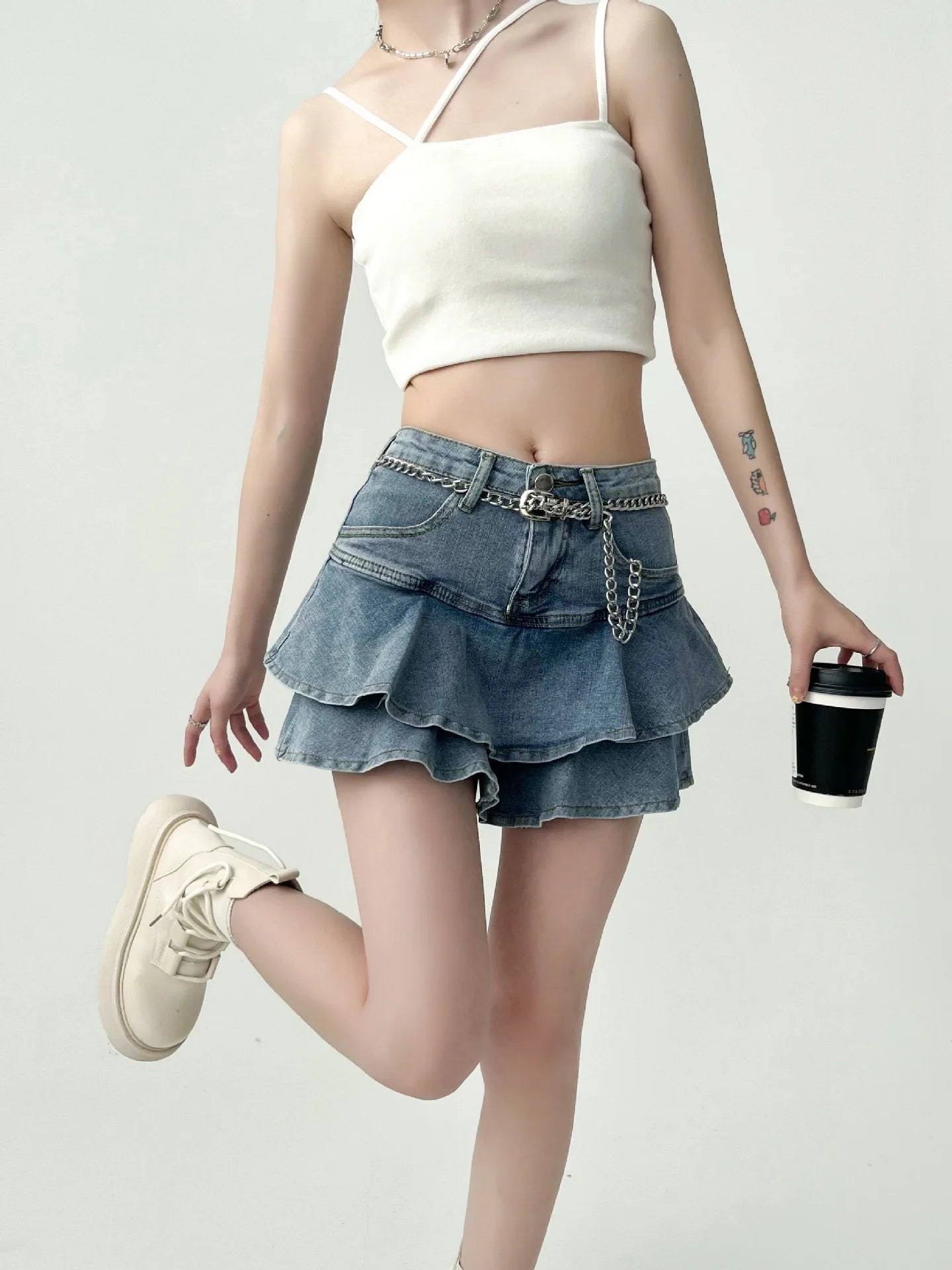 Summer Women High Waist Denim Cake Skirt A-Line Bodycon Mini Skort Casual E-Girl Street Skirt